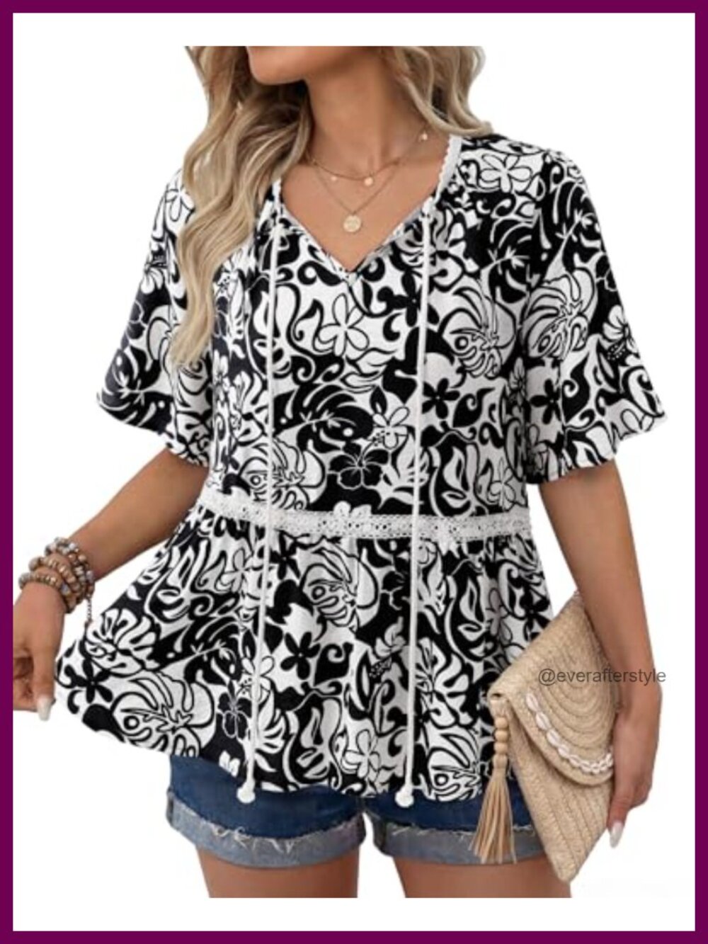 Womens Boho Floral Babydoll Tunic Top V Neck Short Sleeve Tie Front Blouse